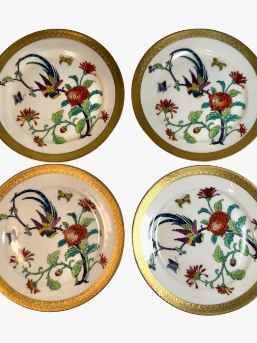 Rosenthal Pickard Antique 1920s 4 Bread Butter Plates Bird of Paradise, Gold Rim